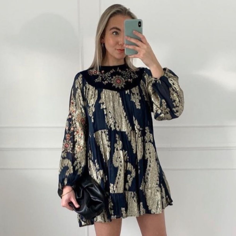 Zara Black and Gold Patterned Dress